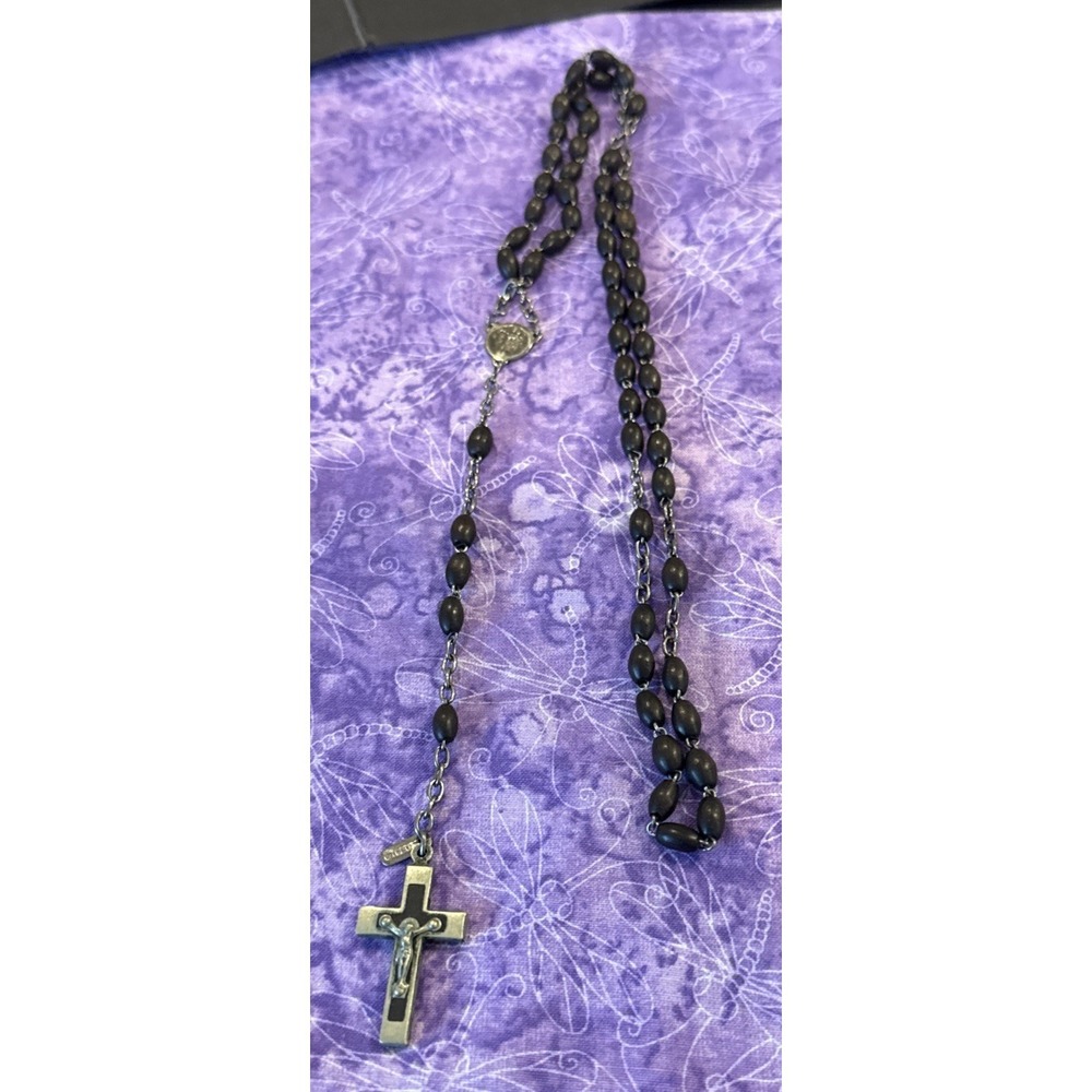 Vintage Black Wood Bead Rosary Catholic Prayer Beads Crucifix Cross France 21"‎